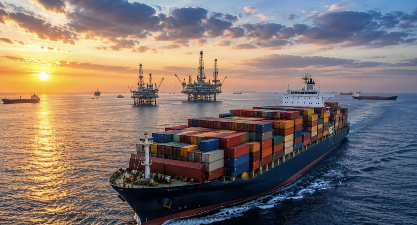 Container ship and offshore platforms at sunset
